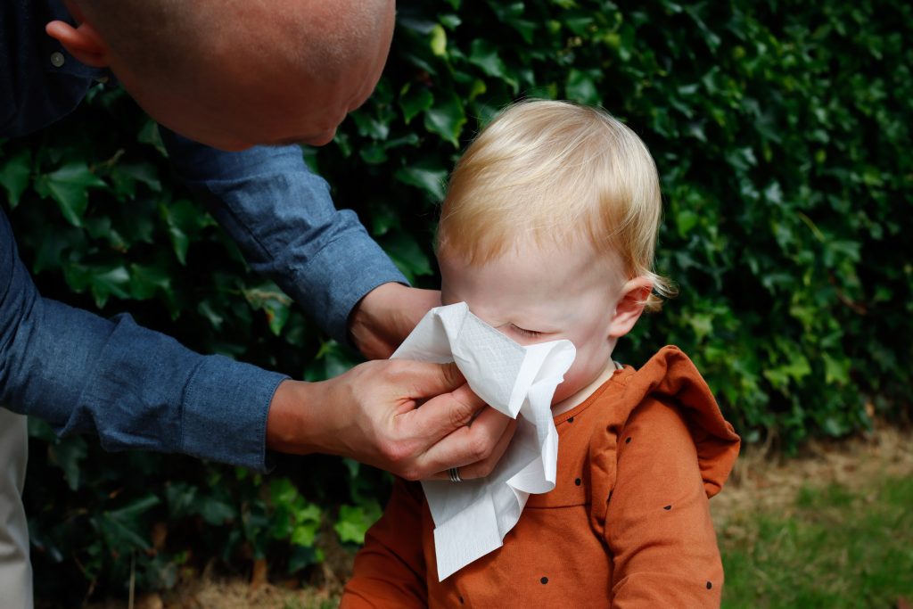 Vader helpt zijn dreumesdochtertje geduldig haar neus te snuiten in een papieren zakdoekje.