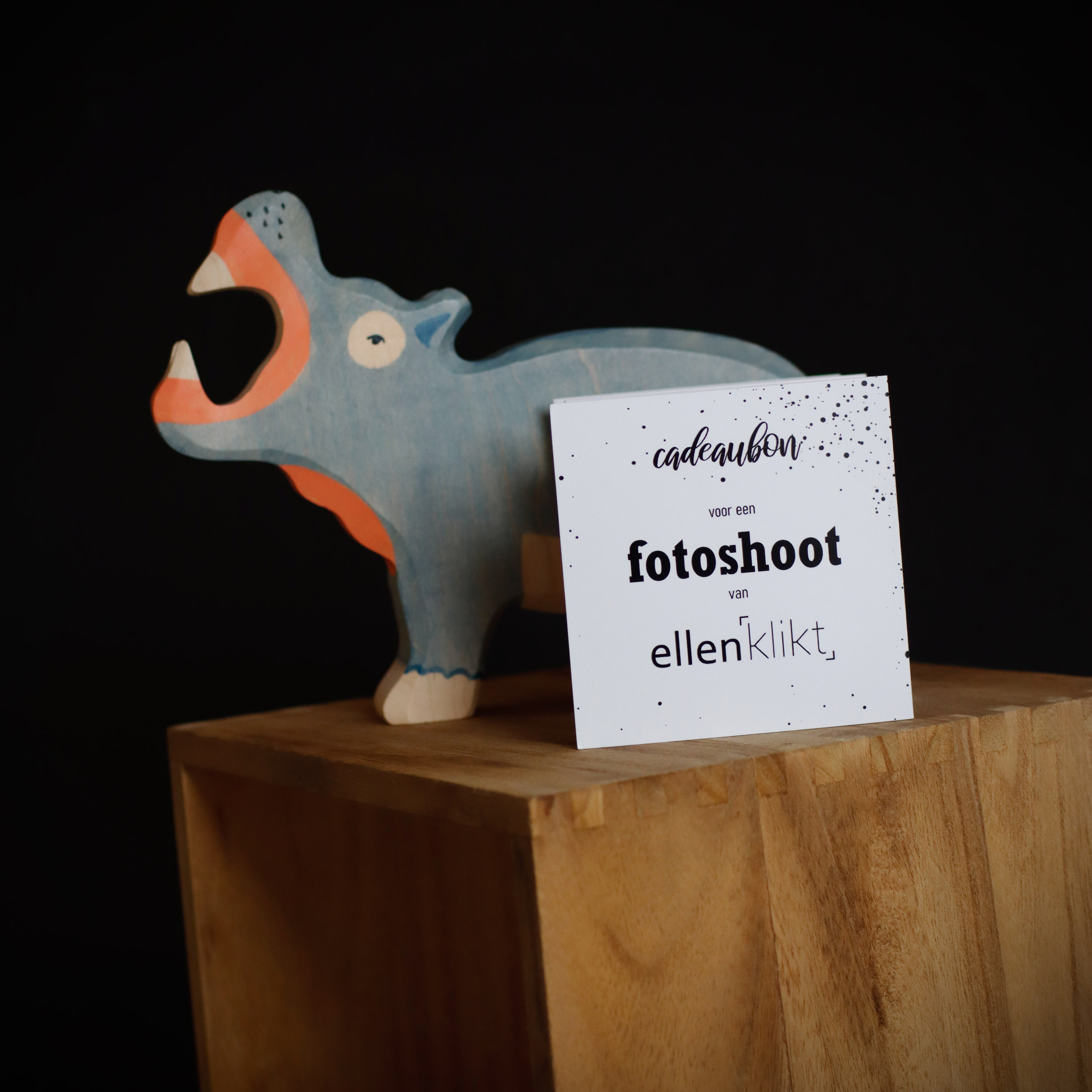 Deze foto toont een cadeaubon voor een fotoshoot van ellenklikt, gepresenteerd op een eenvoudig houten kastje, met keen houten nijlpaard ernaast.